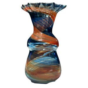 Art Glass 7" Vase Red, Clear & Blue Swirls Fluted Rim Quality Mid-Century Modern